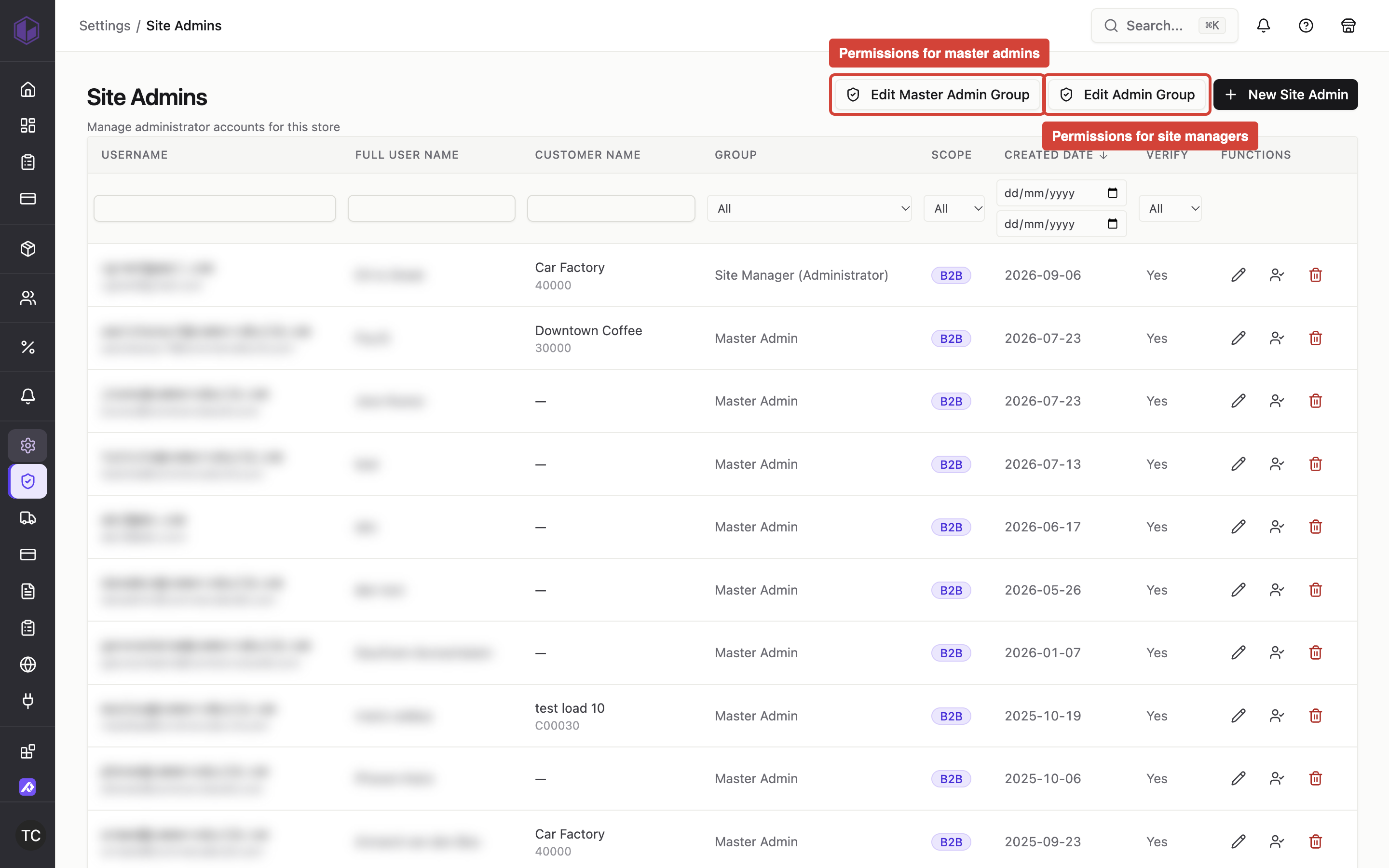 Edit Master Admin Group and Edit Admin Group on the Site Admins page