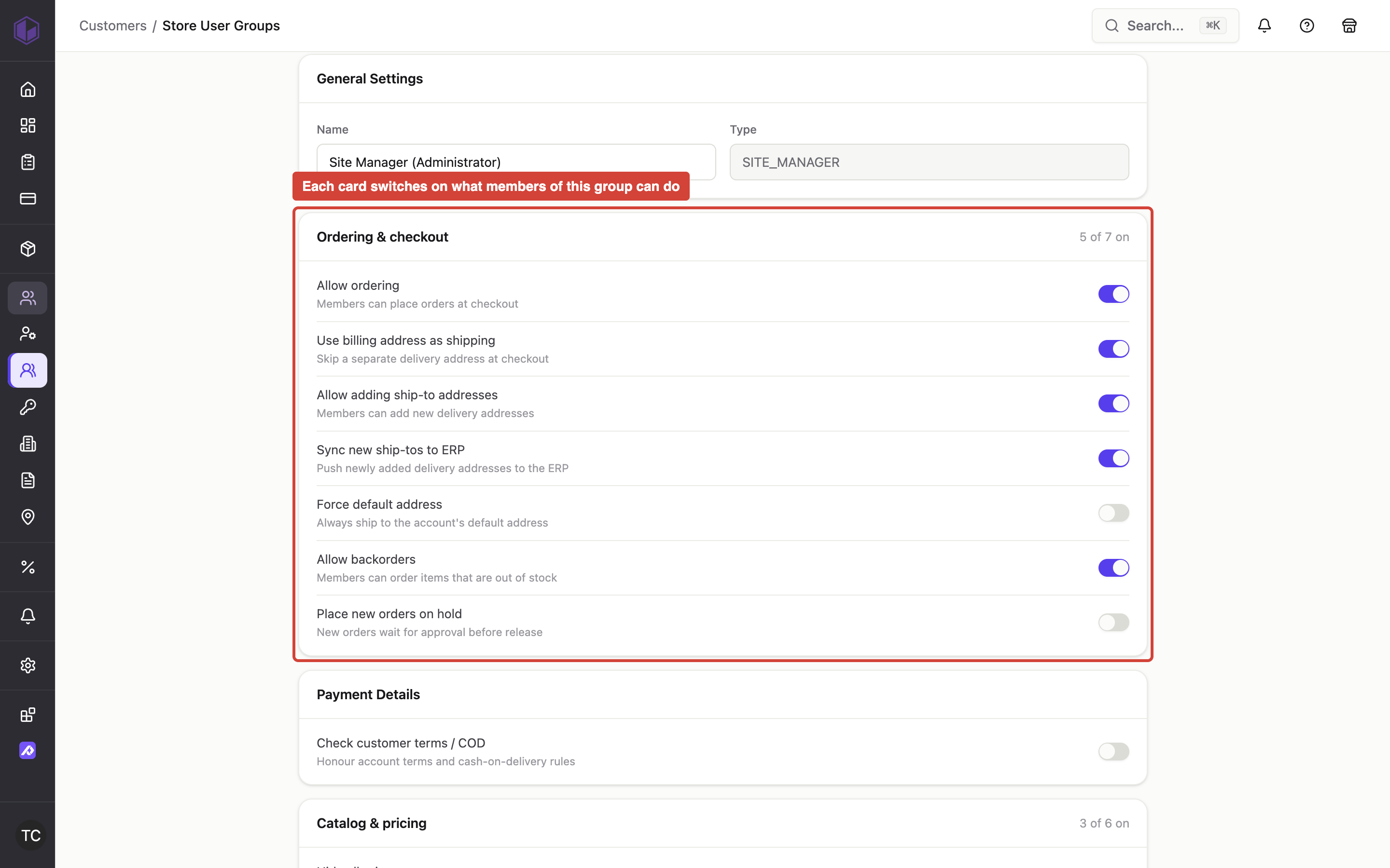 An admin group's permissions, grouped into setting cards
