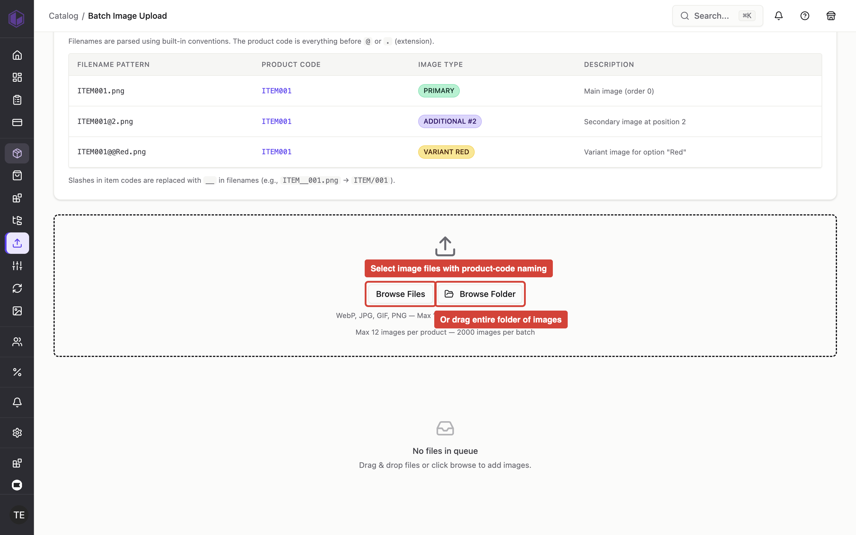 The Batch Image Upload page showing Browse Files and Browse Folder buttons where users select their properly-named product image files for bulk upload.