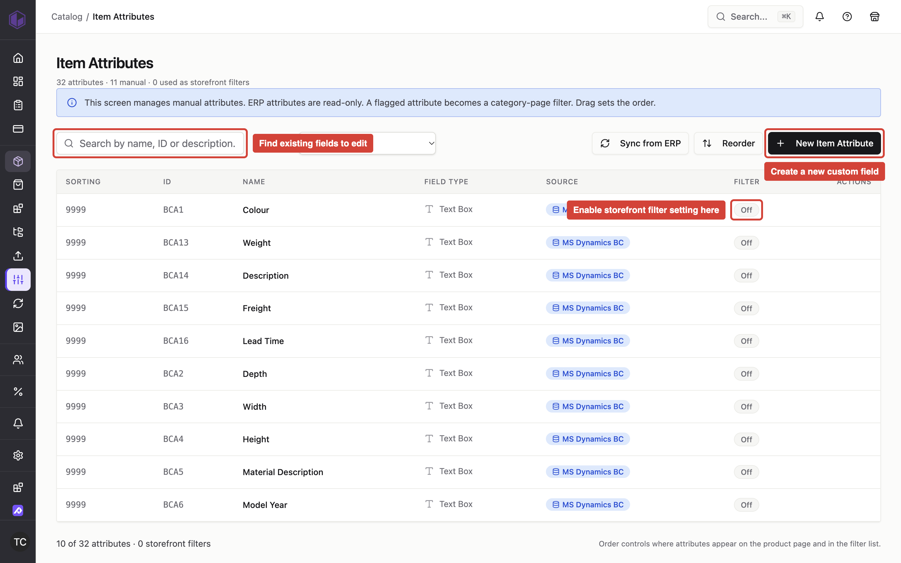 The Item Attributes page showing the New Item Attribute button, search field, and the toggle controls where you enable the storefront filter setting for each custom field.