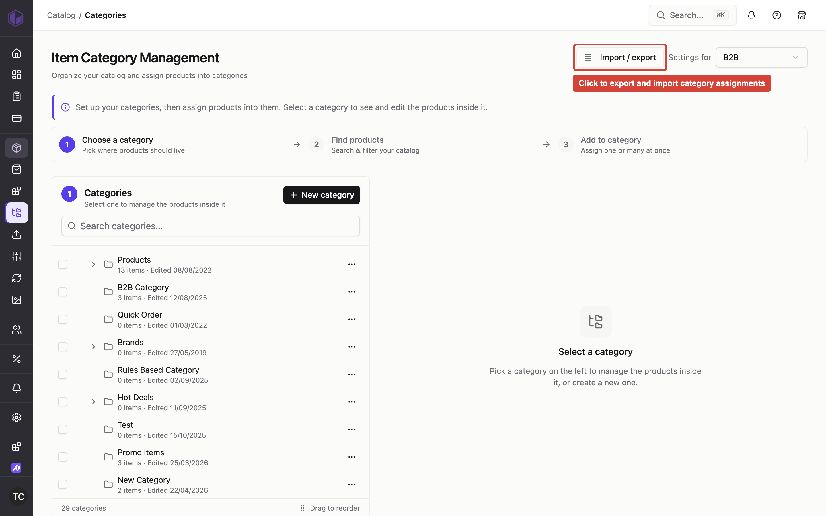 The Categories page showing the Import / export button in the top toolbar, which opens the interface for bulk managing product-to-category assignments via spreadsheet files.