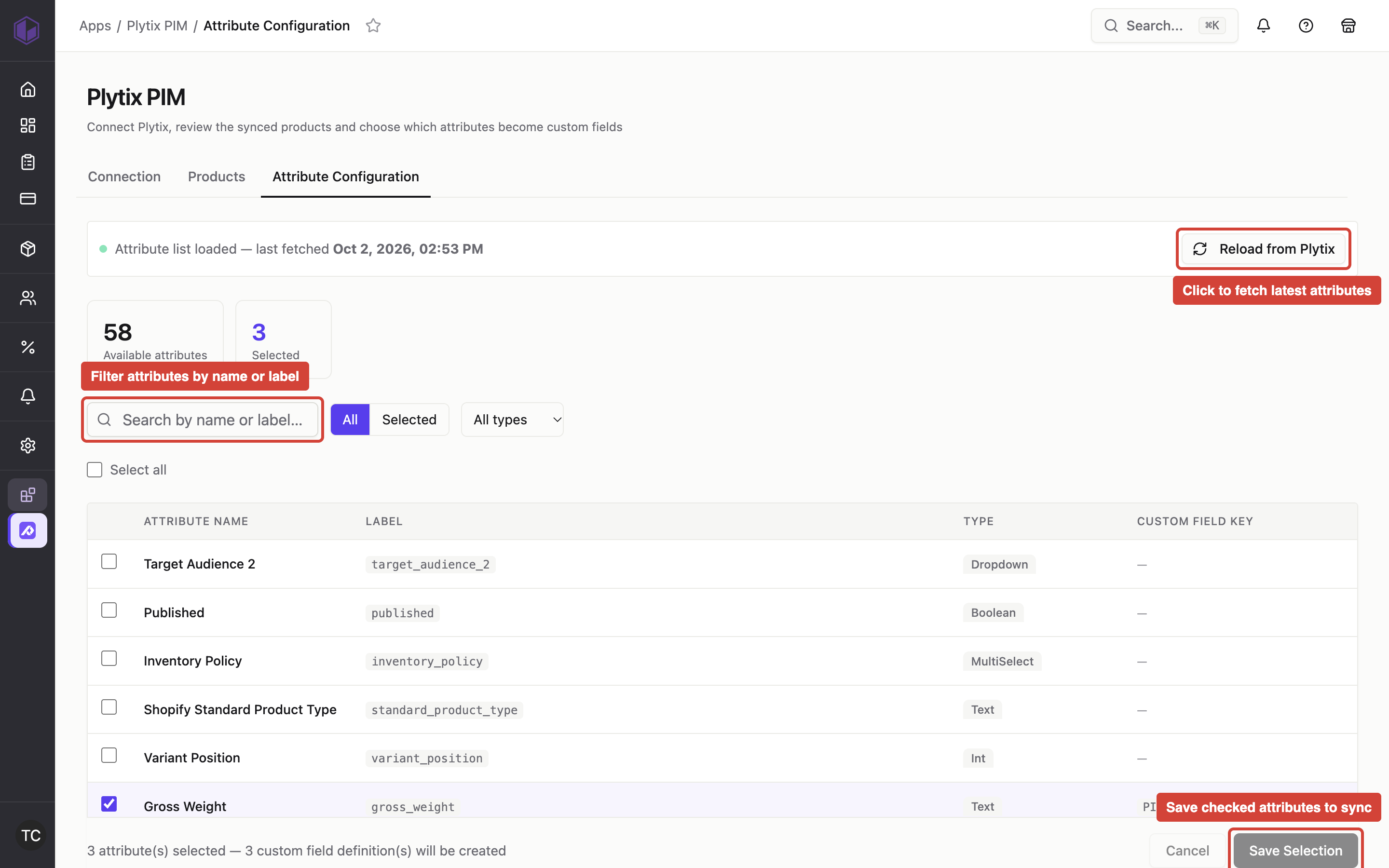 The Attribute Configuration tab showing the Reload from Plytix button, search field, attribute checkboxes, and Save Selection button that users interact with to configure PIM attribute syncing.