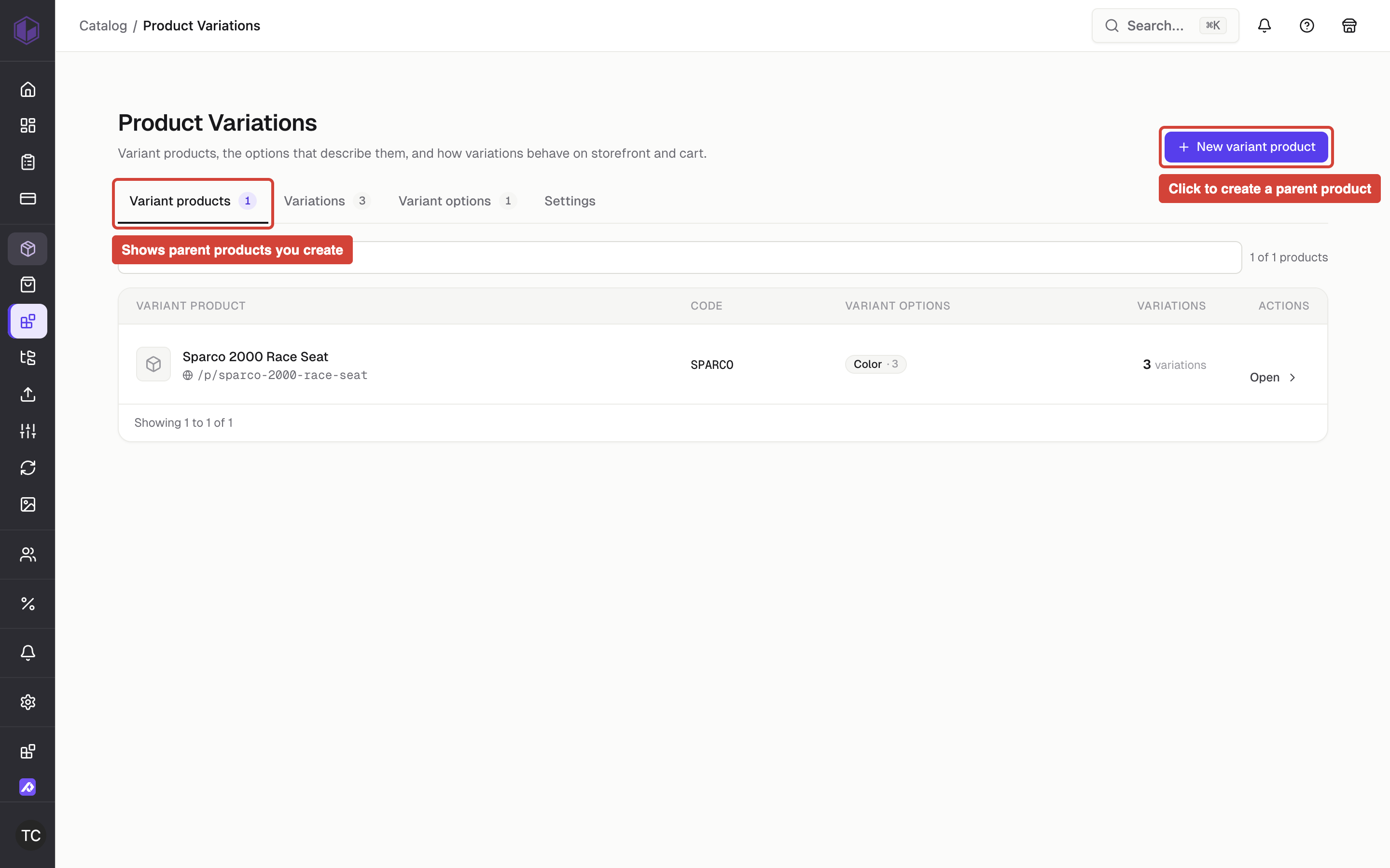 The Product Variations page showing the 'New variant product' button in the header and the tabs for navigating between variant products, variations, variant options, and settings.