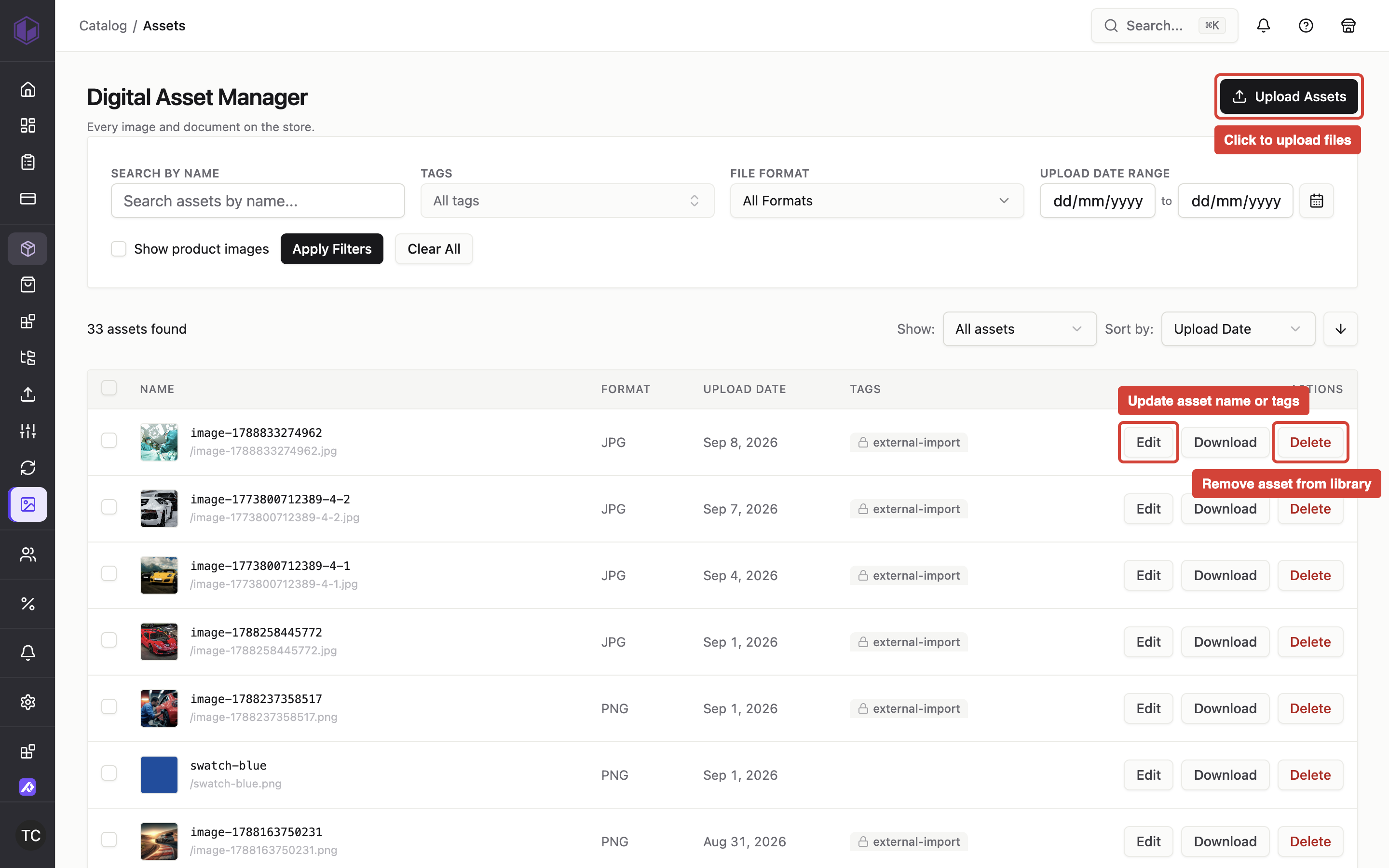 Digital Asset Manager screen showing the Upload Assets button and Edit/Delete actions for managing files in the asset library.