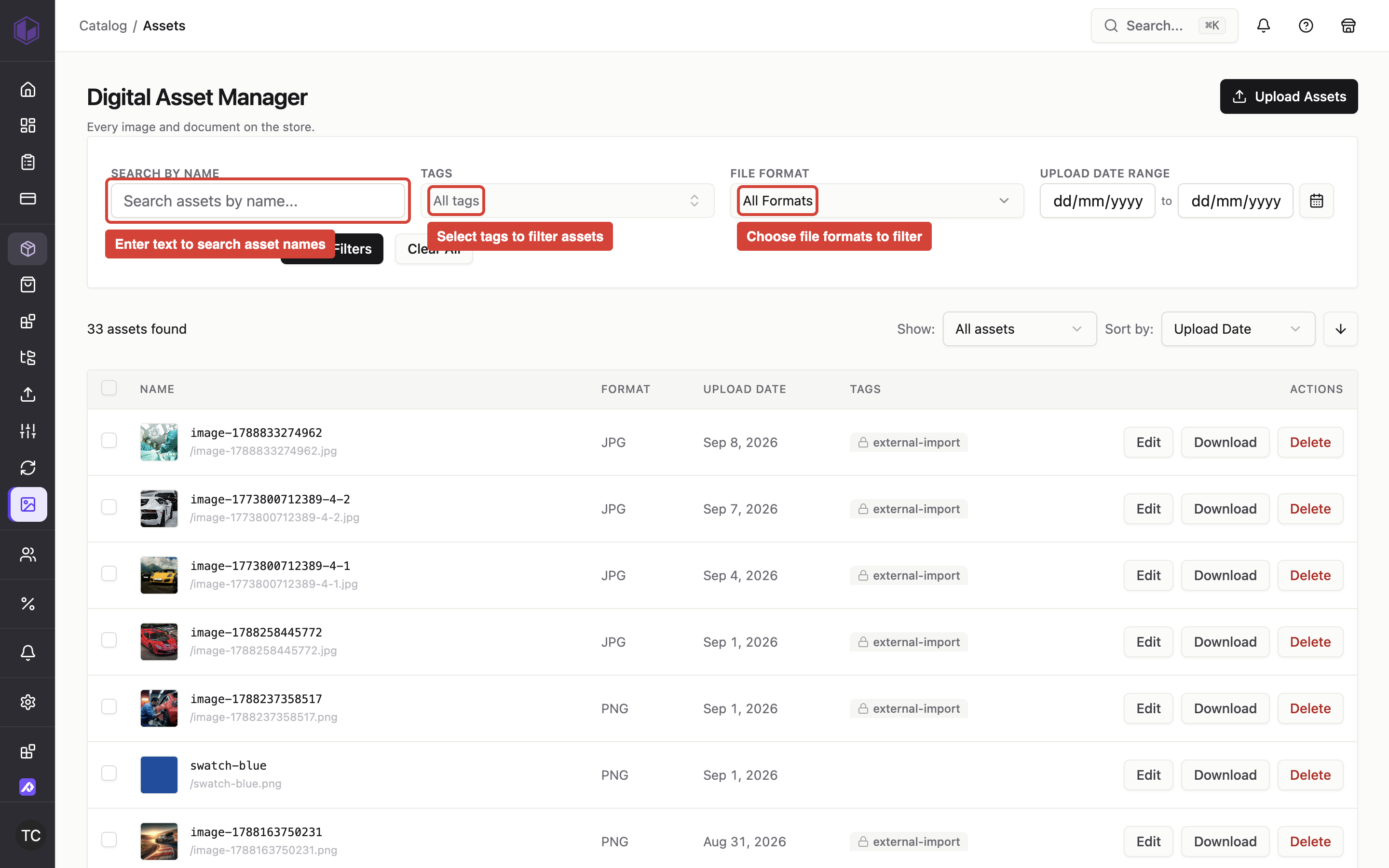 The Assets page showing the search field for asset names, tag filter button, and format filter button used to narrow down asset collections.