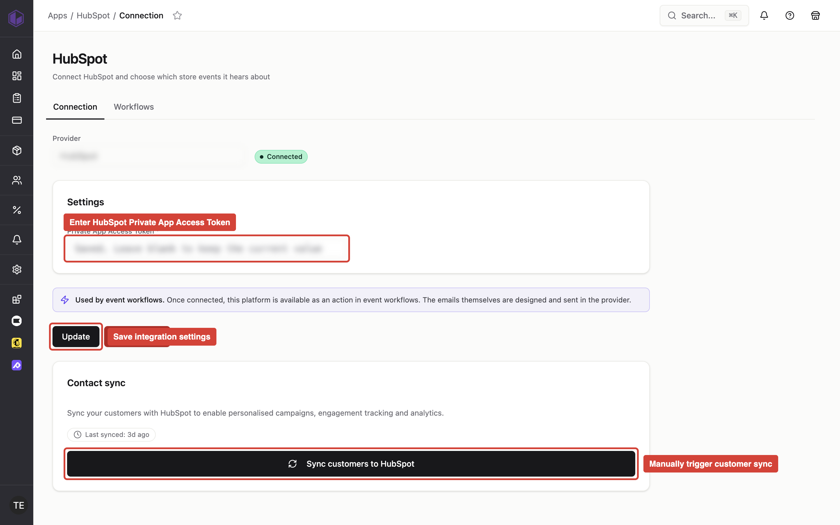 HubSpot integration settings page showing the Private App Access Token field, Update button to save the configuration, and Sync customers to HubSpot button for manual sync.