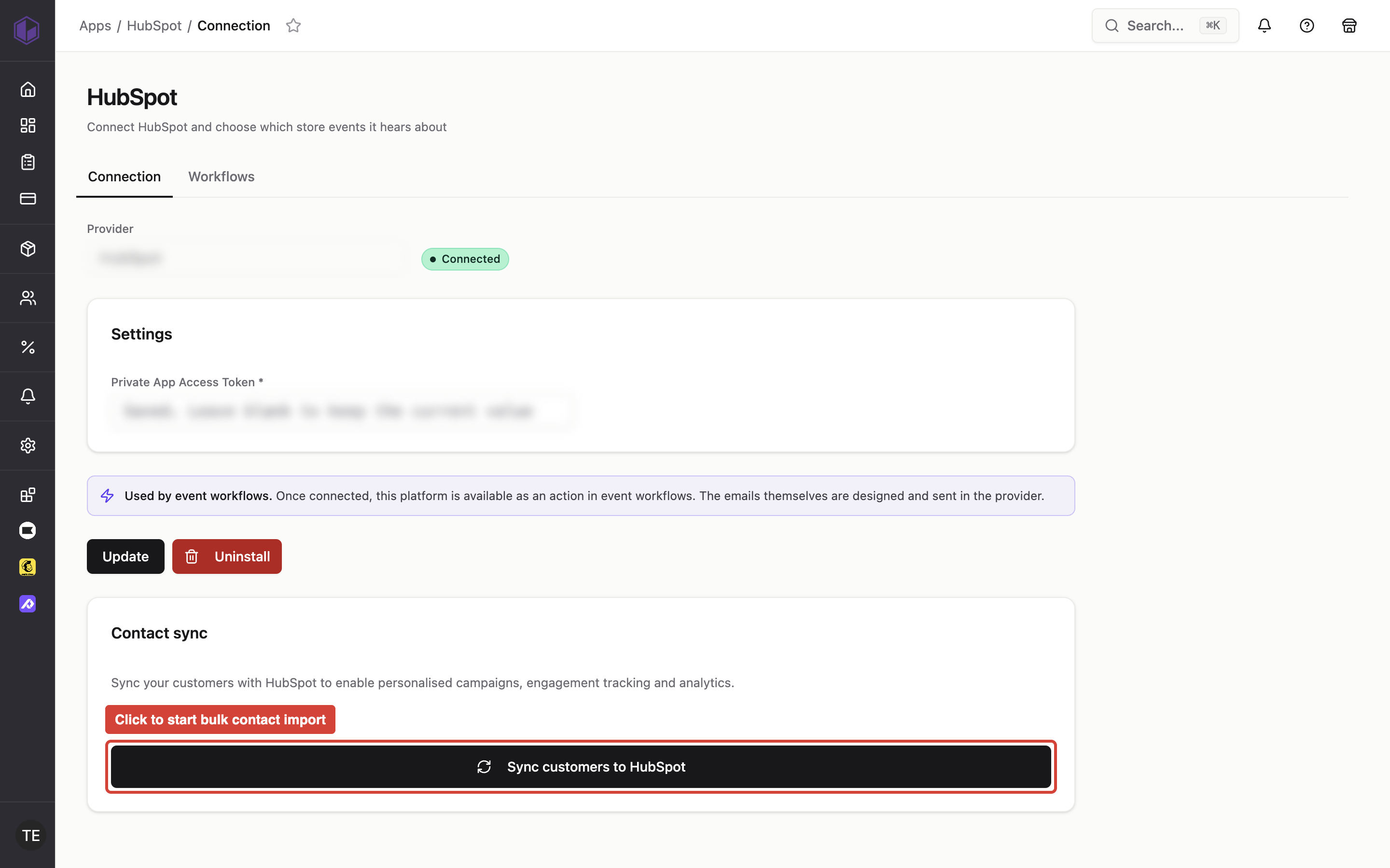 HubSpot settings page showing the 'Sync customers to HubSpot' button that triggers the bulk contact import described in step 2.