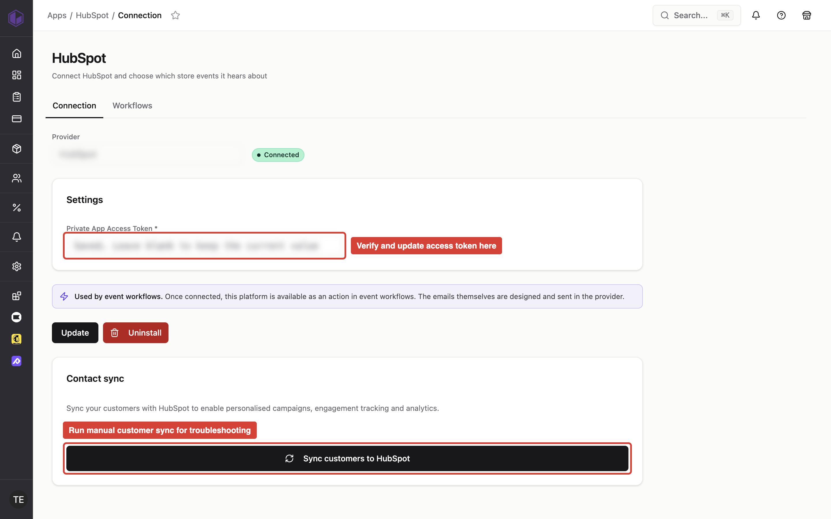 HubSpot connection settings showing the access token field for authentication troubleshooting and the sync button to manually trigger customer synchronization.
