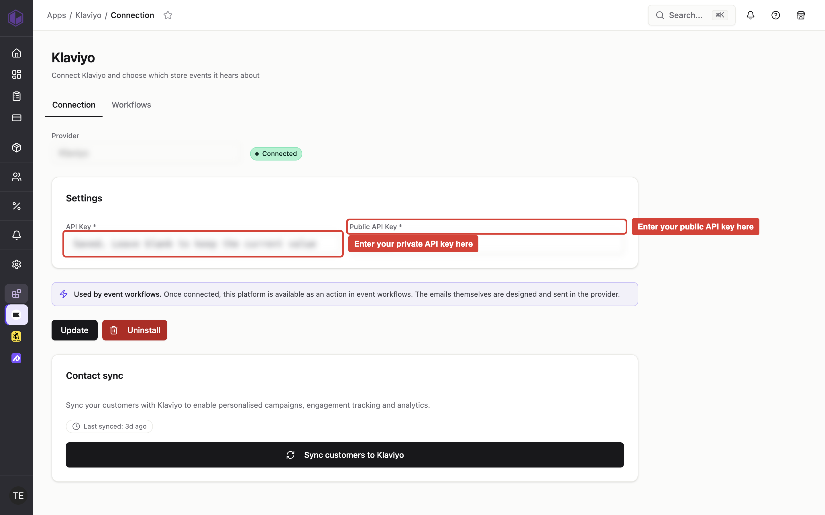 The Klaviyo Connection tab showing the API Key and Public API Key input fields where you configure both authentication keys.