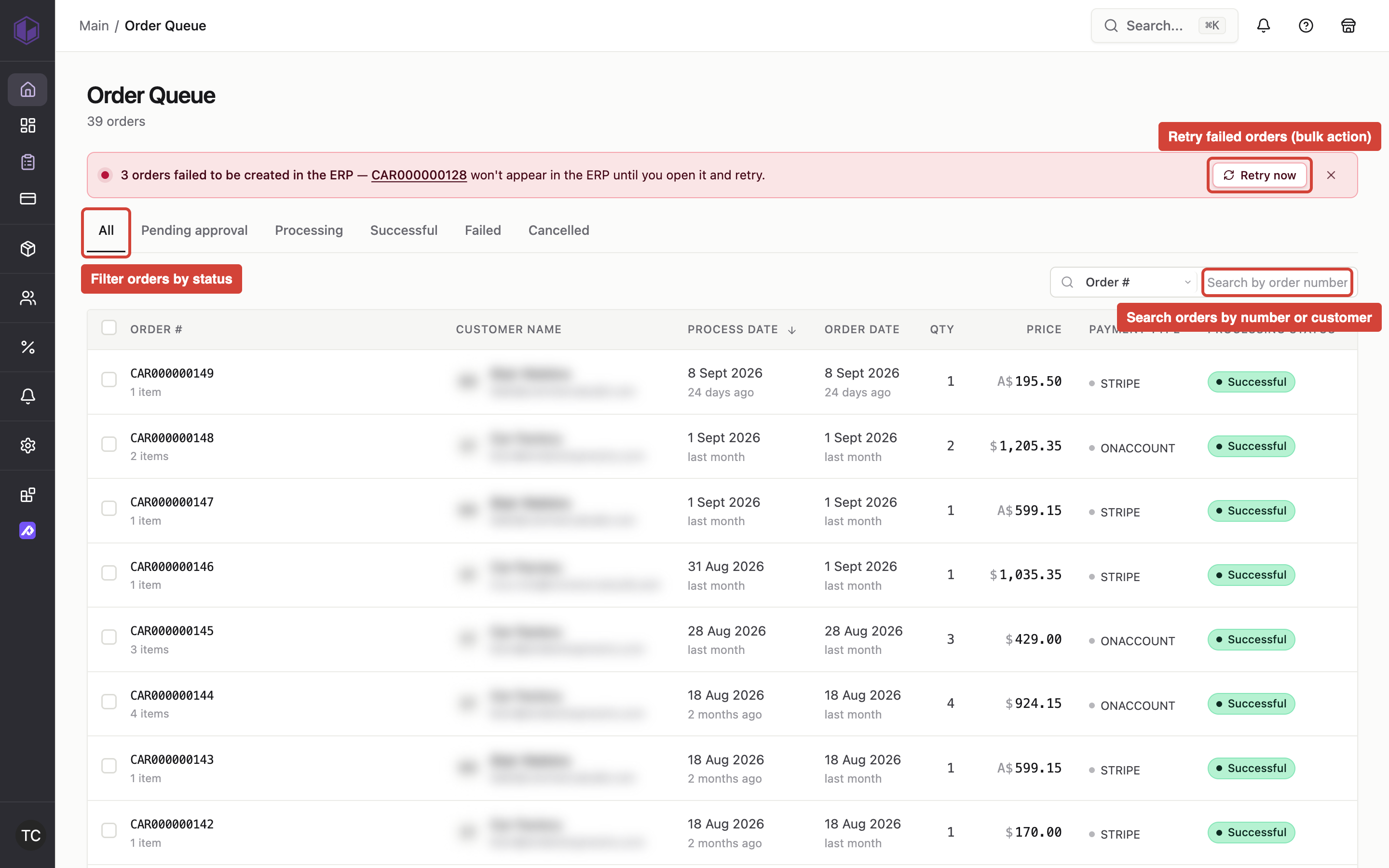 Order Queue list view showing status filter tabs across the top, search box, and bulk action buttons that appear when orders are selected.