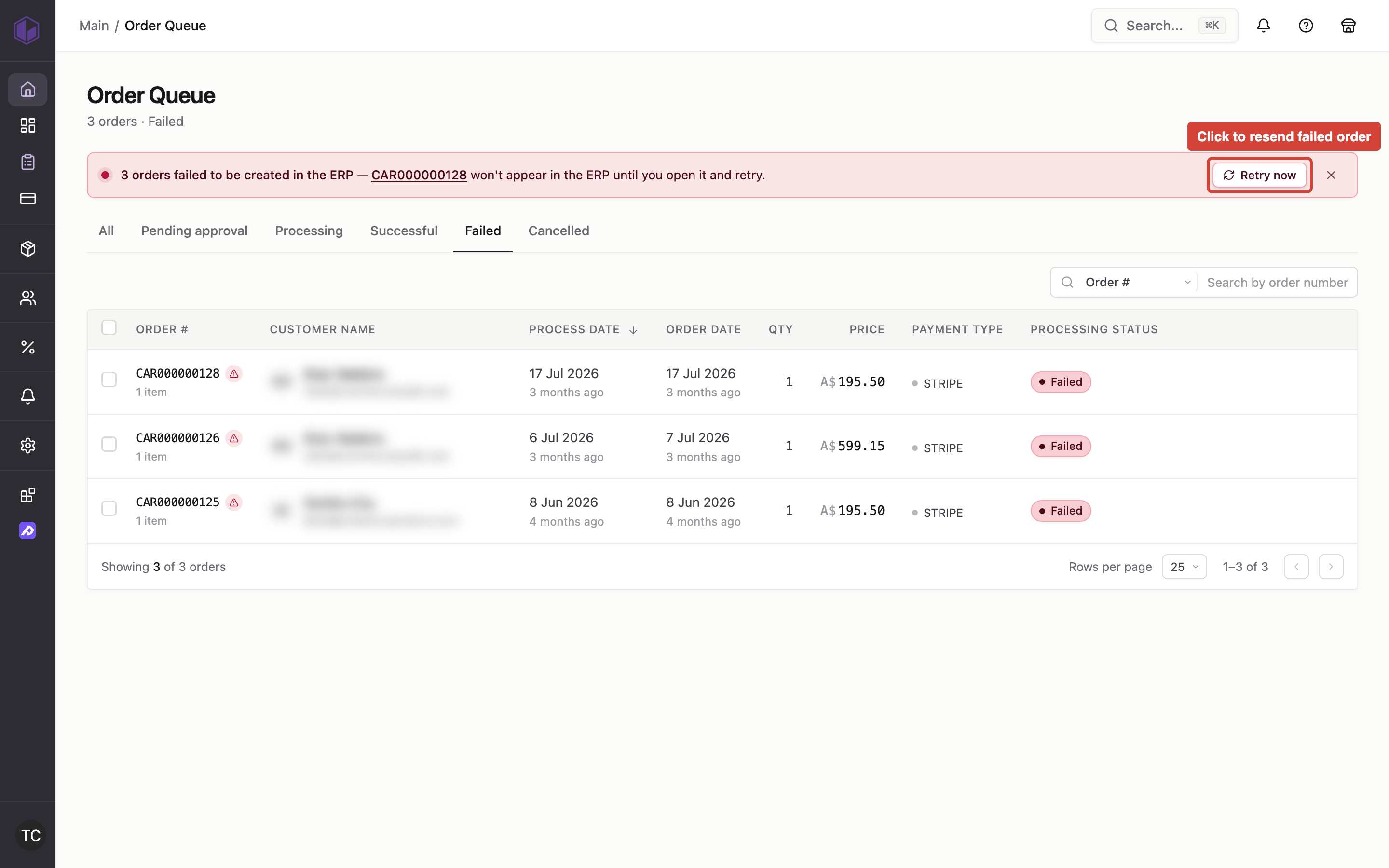 The Order Queue page showing the Failed tab with a Retry button visible for resending orders that failed to send to the ERP system.