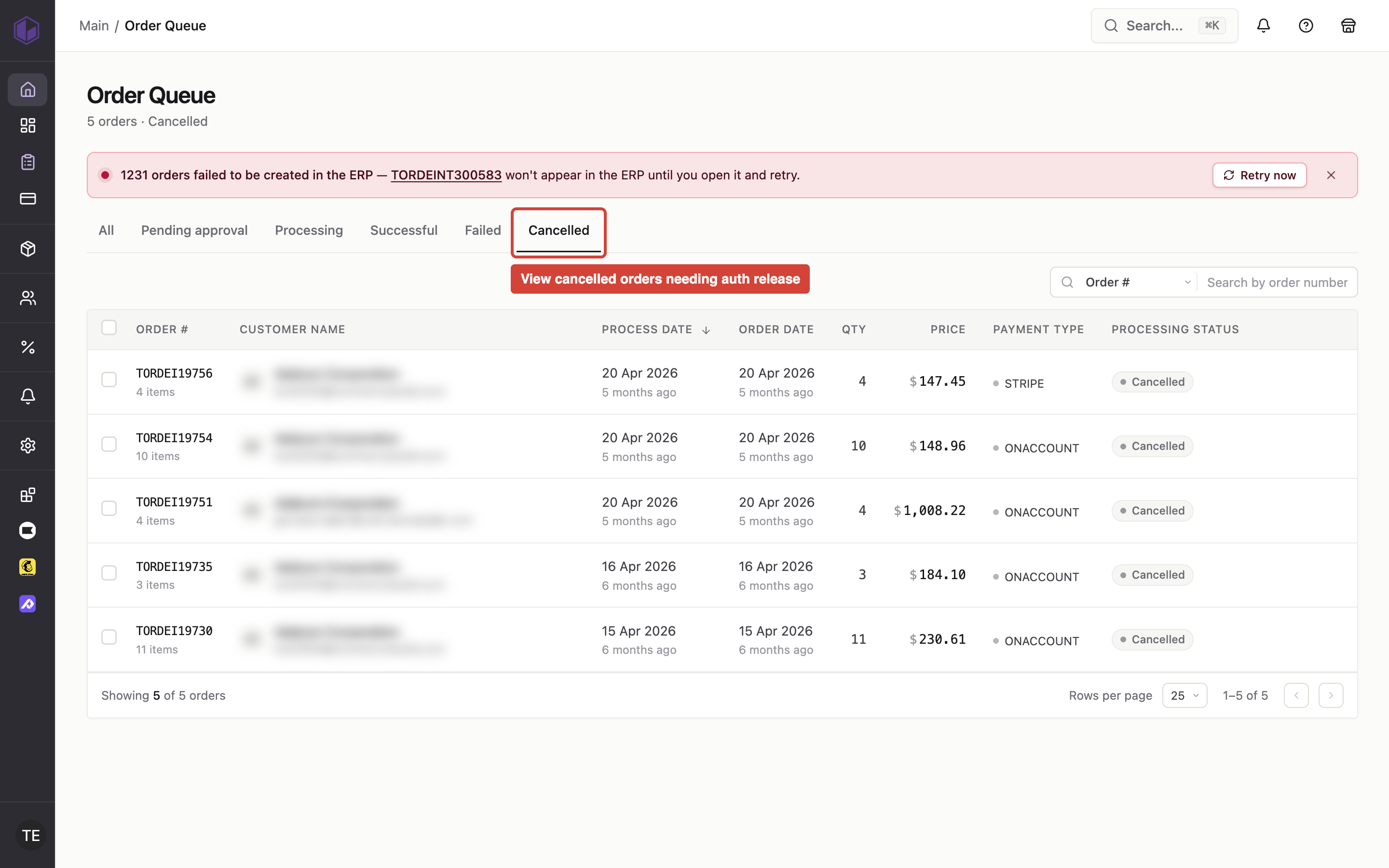 Order Queue screen showing the Cancelled tab where payment authorizations for cancelled orders can be released.