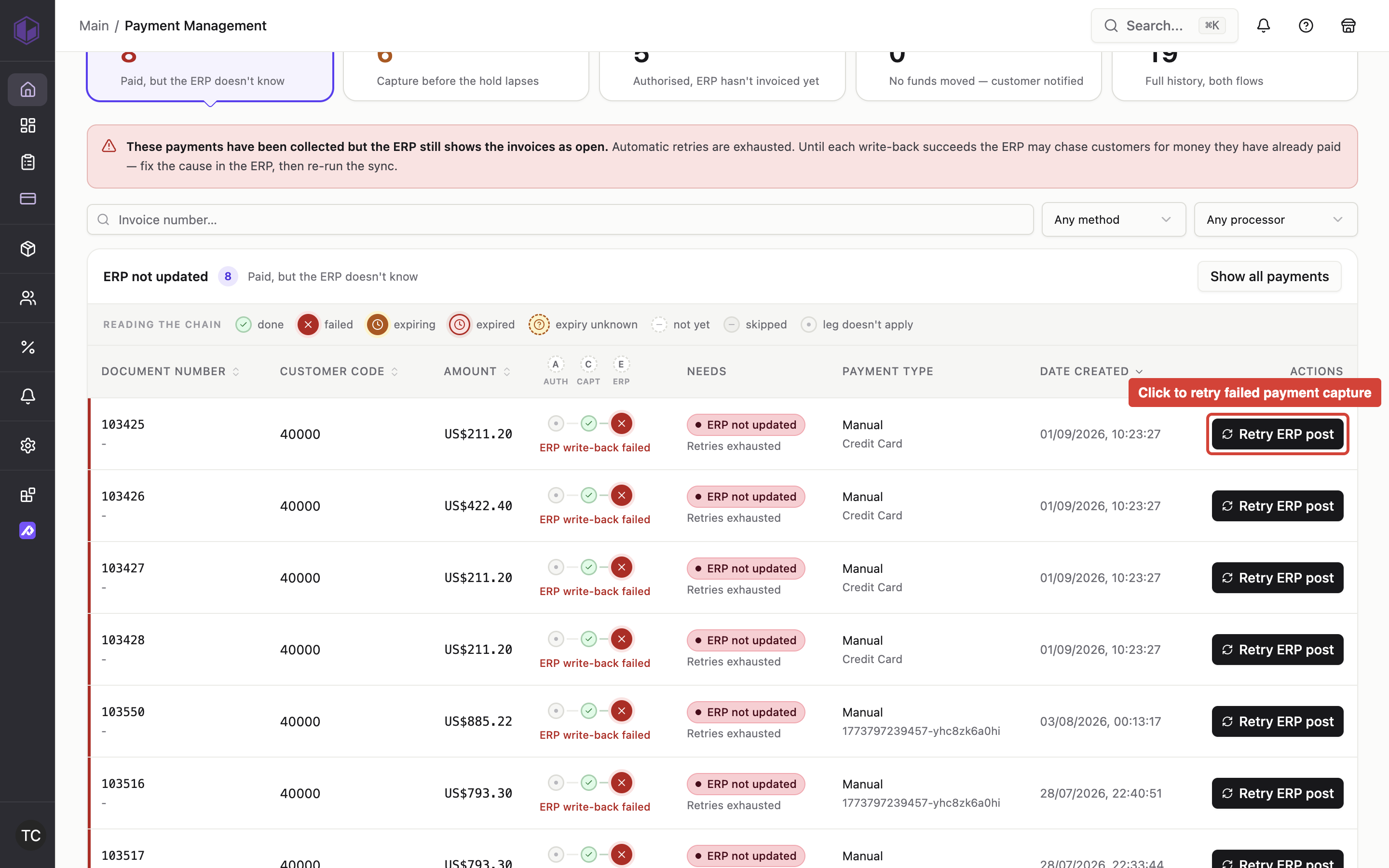 Payment management screen with the 'ERP not updated' tab selected, showing the 'Retry ERP post' button used to retry failed payment captures and invoice payments.