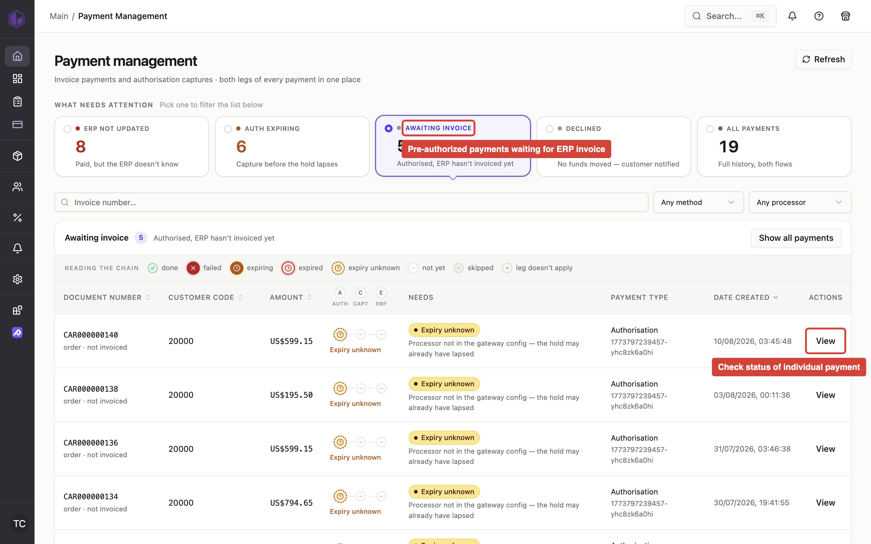 Payment Management screen showing the 'Awaiting invoice' tab where pre-authorized Global Payments transactions appear before auto-capture triggers when invoices are created in the ERP.