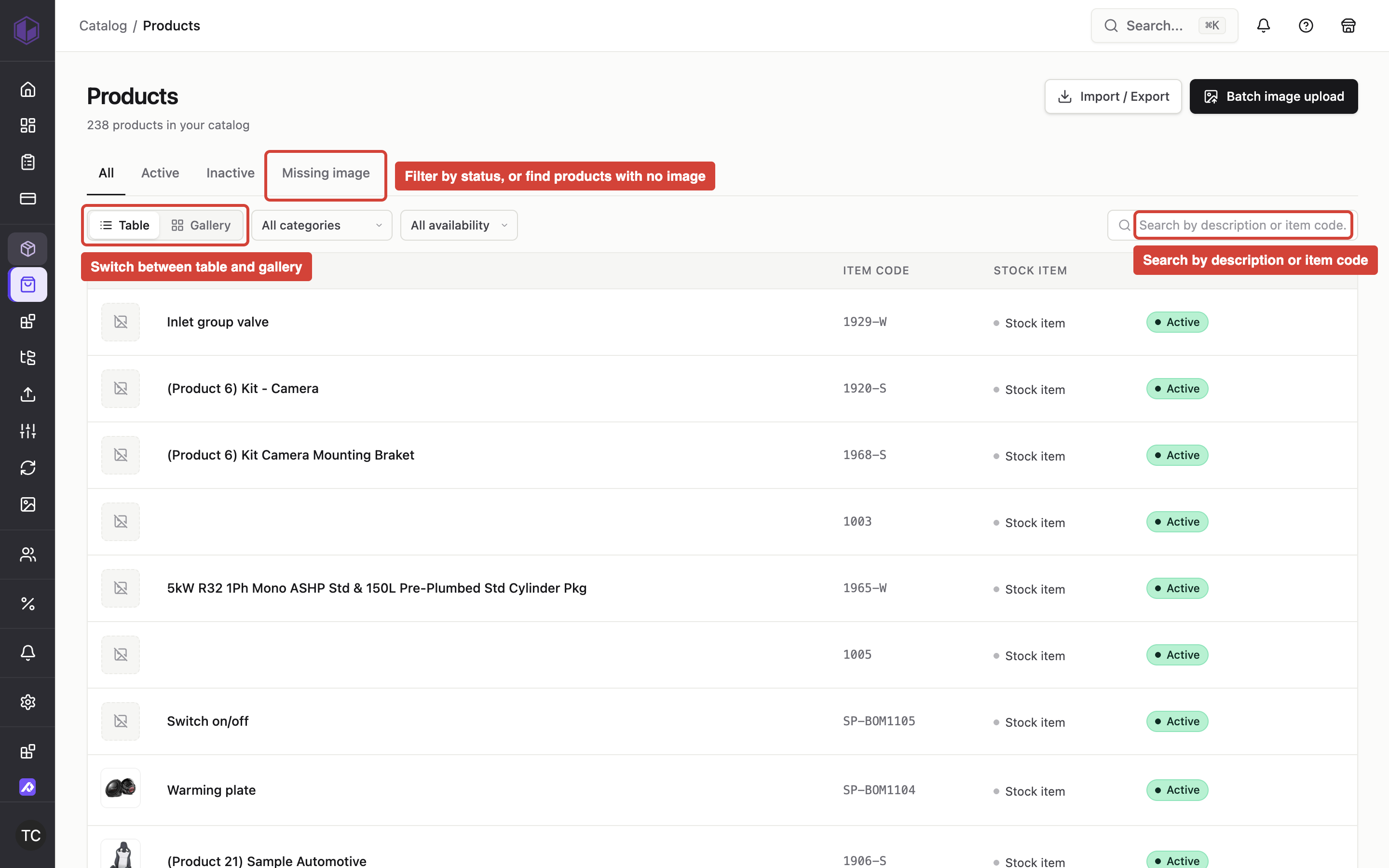 Products list: status tabs, table/gallery switch and search