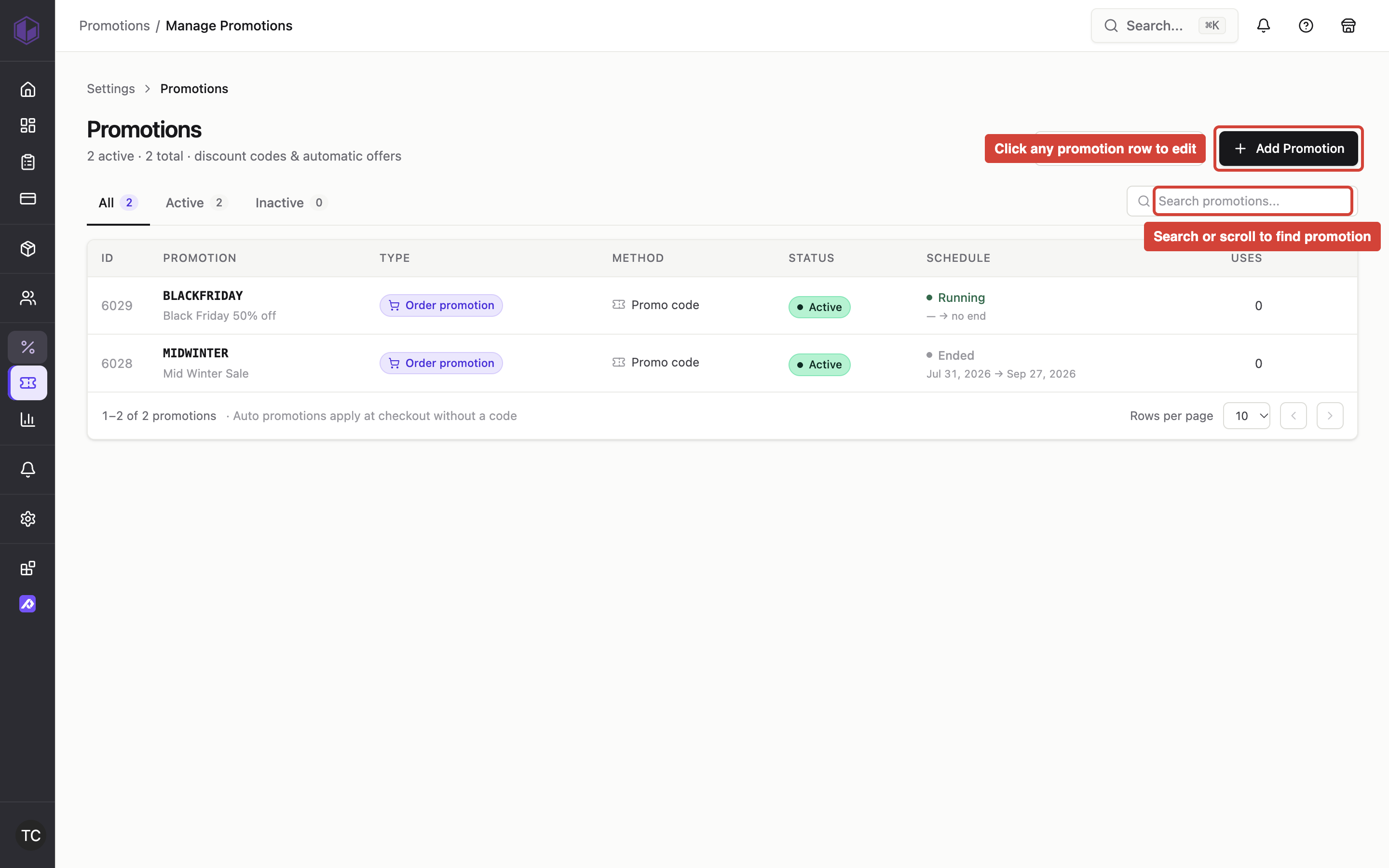 The Promotions management page showing the search field and promotion list where you click any promotion to open the editor.