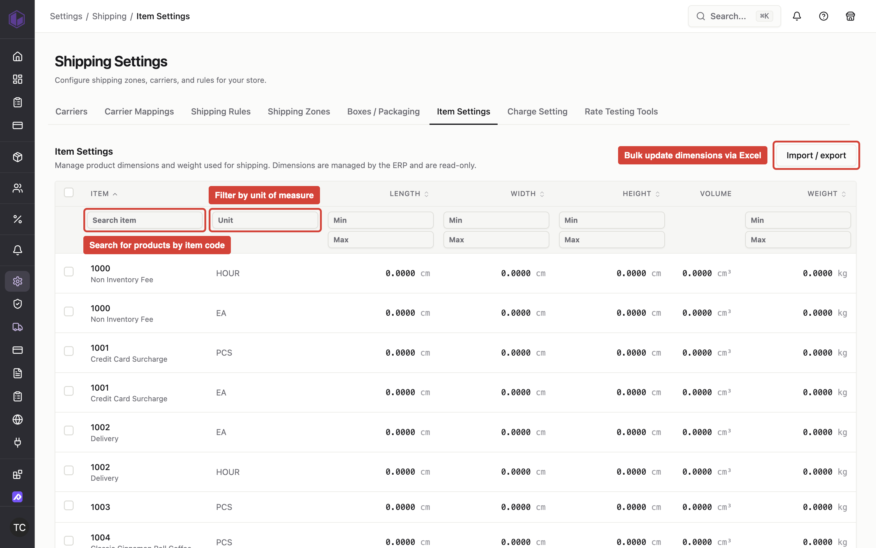 The Item Settings tab under Shipping shows the search field for finding products, unit filter, dimension/weight range filters, and Import/export button for bulk updates.