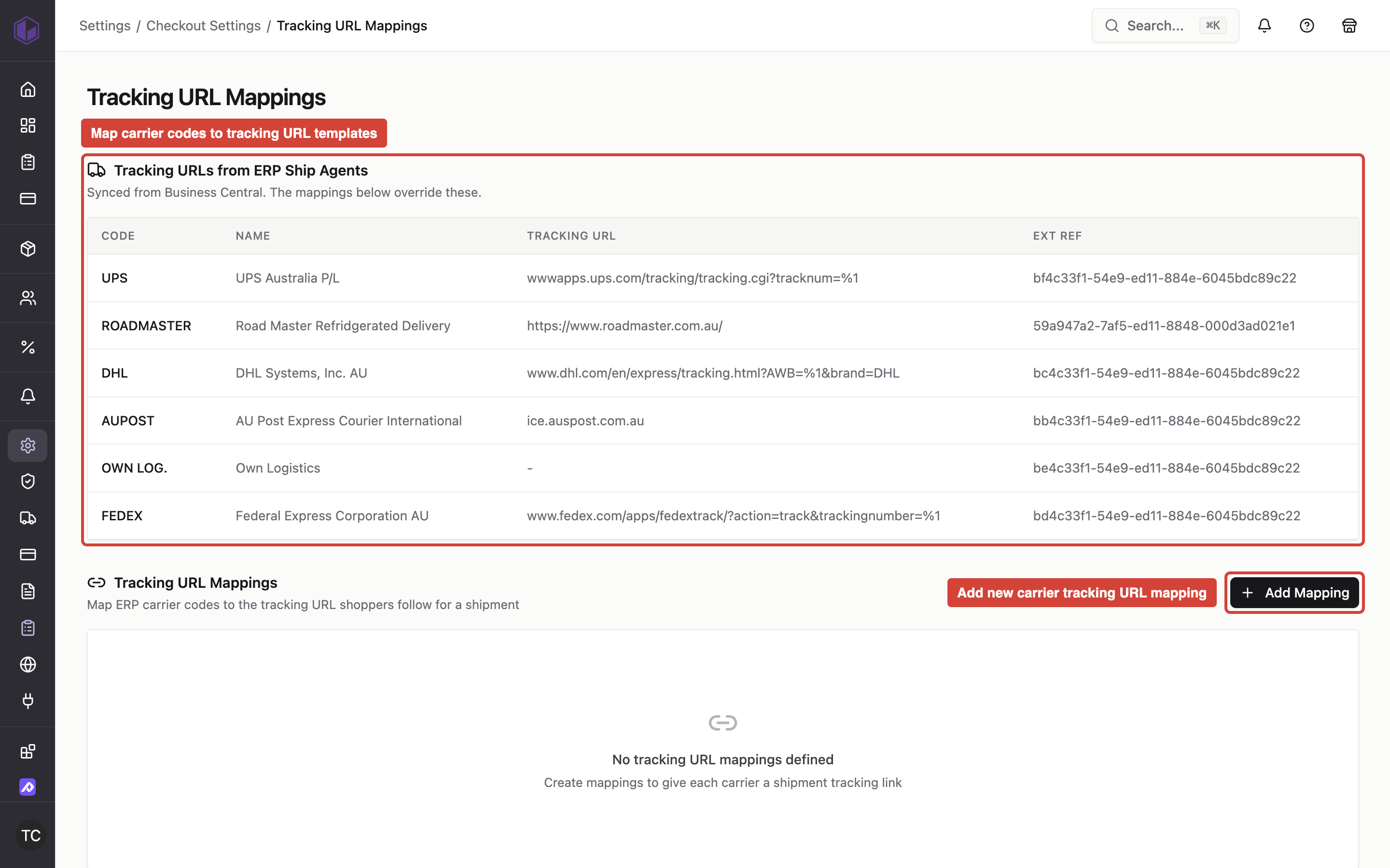 The Tracking URL Mappings screen under Settings → Checkout Settings, showing the card where carrier codes are mapped to tracking URL templates and the Add Mapping button to create new mappings.